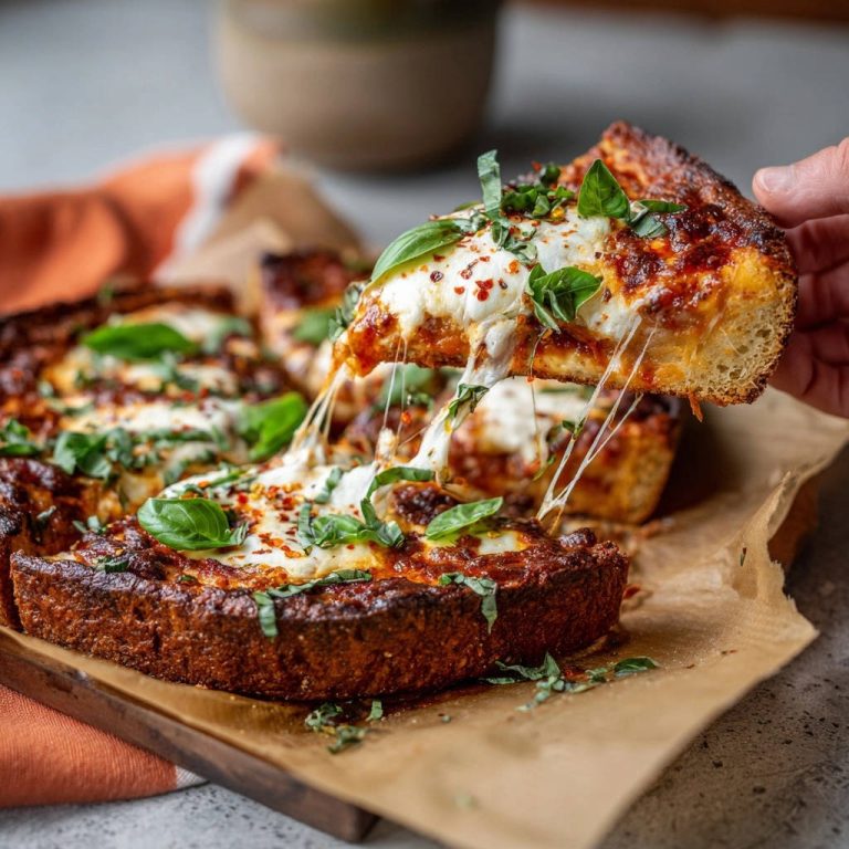 Rustikale Pfannen-Pizza mit geschmolzenem Käse, der Fäden zieht, und frischem Basilikum garniert.