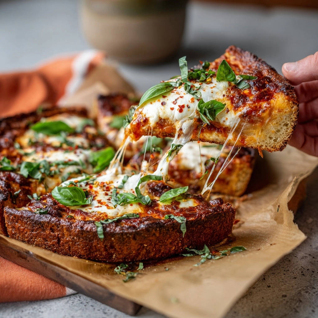 Rustikale Pfannen-Pizza mit geschmolzenem Käse, der Fäden zieht, und frischem Basilikum garniert.