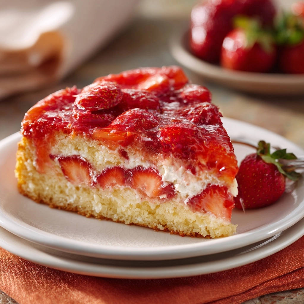 Saftige Erdbeer-Joghurt-Torte angeschnitten, mit einer Nahaufnahme der Schichten aus Biskuit, Joghurtcreme und frischen Erdbeeren.