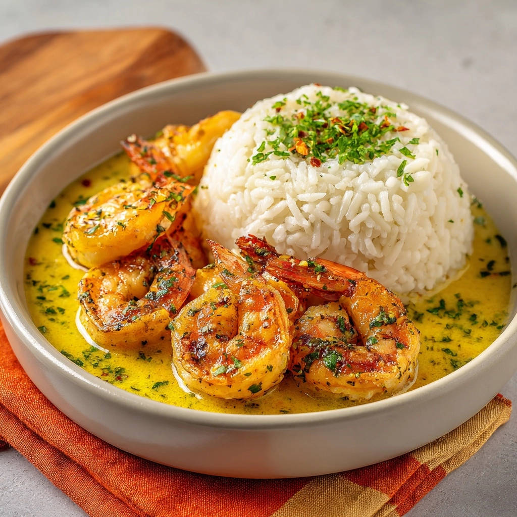 Saftige Garnelen mit duftendem Kräuterreis, serviert in einer Schüssel mit einer Nahaufnahme der Garnelen in der Sauce.