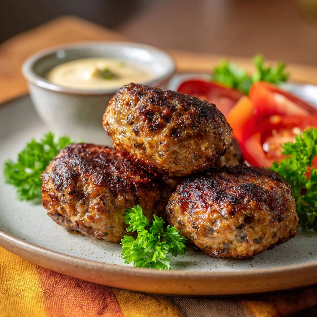 Saftige Hackfleisch-Bällchen mit Kruste auf einem Teller mit Tomaten und Petersilie, Nahaufnahme