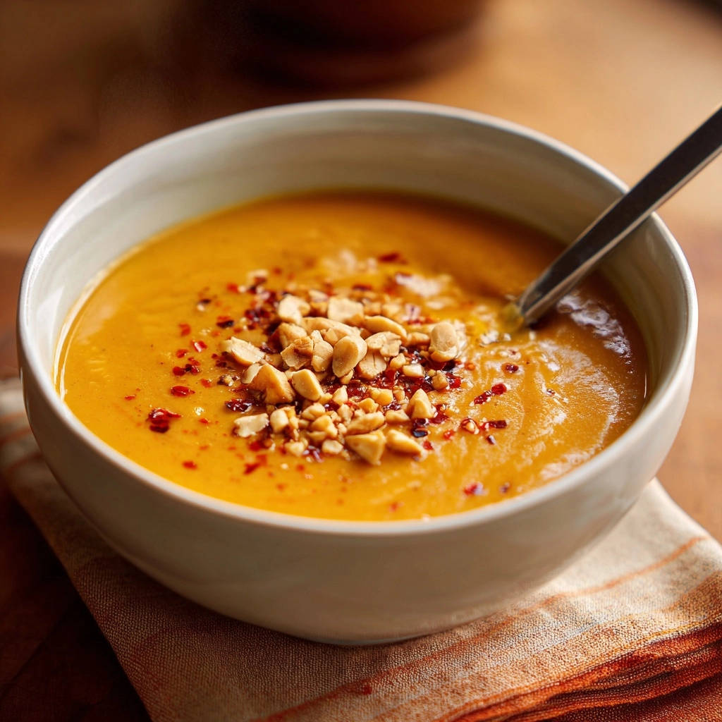 Samtige Kuerbis Cremesuppe Garniert 1 Samtige Kürbis-Cremesuppe garniert mit gehackten Erdnüssen und Chiliflocken, serviert in einer Schüssel