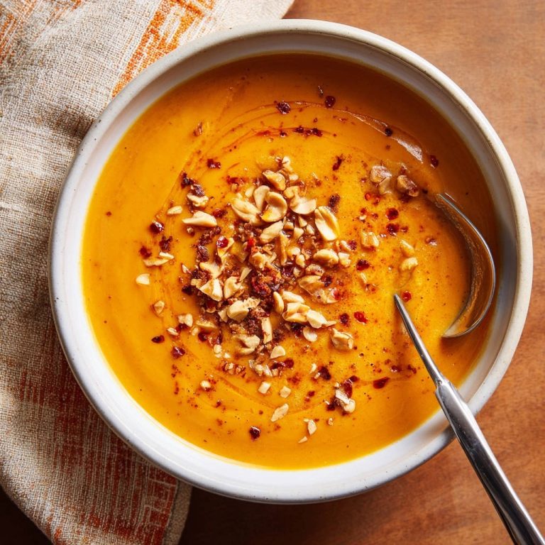 Samtige Kürbis-Cremesuppe garniert mit gehackten Nüssen und Chiliöl in einer weißen Schüssel, von oben gesehen.