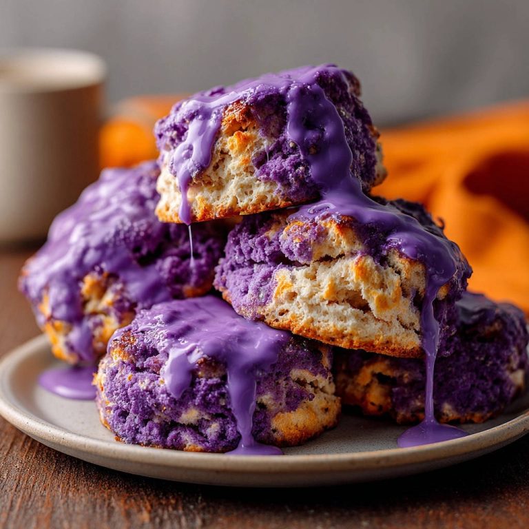 Samtige Lila-Biscuits mit purpurfarbener Glasur, die über die fluffigen Gebäckstücke fließt, Nahaufnahme der Textur.