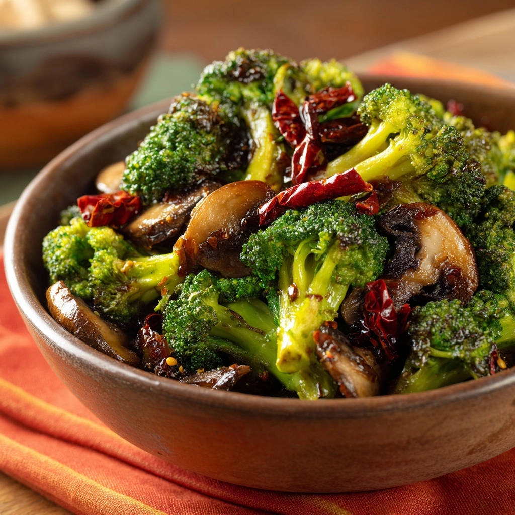 Scharfes Wok-Brokkoli mit Shiitake, eine Nahaufnahme der würzigen und knackigen Textur mit getrockneten Chilis.