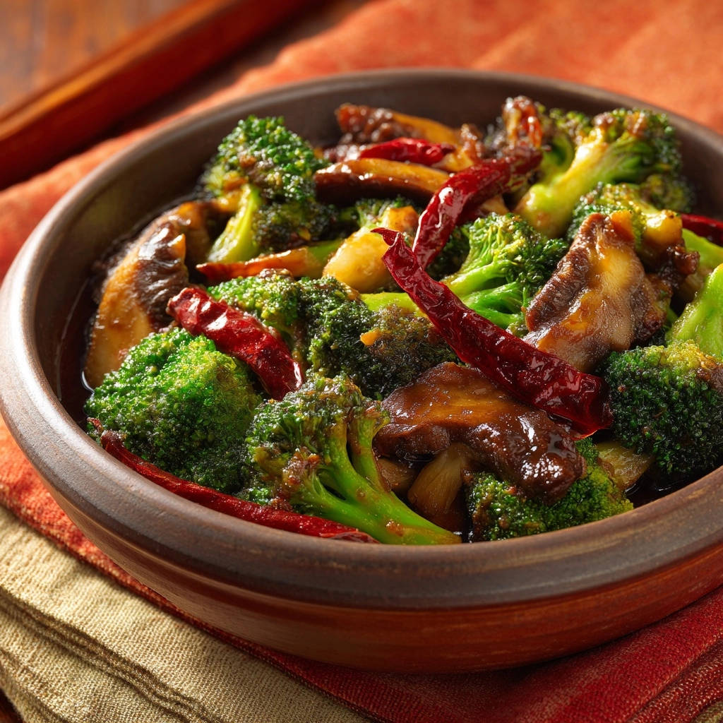 Scharfes Wok-Brokkoli mit Shiitake als Nahaufnahme in einer Schüssel mit getrockneten Chilis und Sauce.