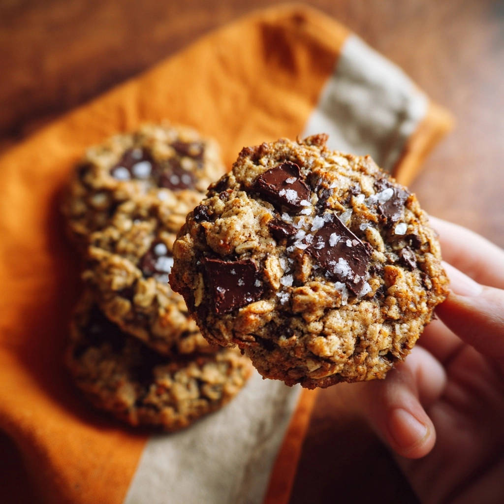 Saftige Schoko-Hafer-Cookies mit Meersalz, eine einzelne Cookie wird in der Hand gehalten, mit sichtbaren Schokoladenstückchen und grobem Salz.