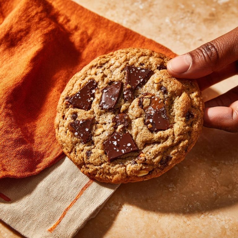 Saftige Schoko-Hafer-Cookies mit Meersalz, eine Hand greift nach dem zähen, frisch gebackenen Keks mit Schokoladenstücken.