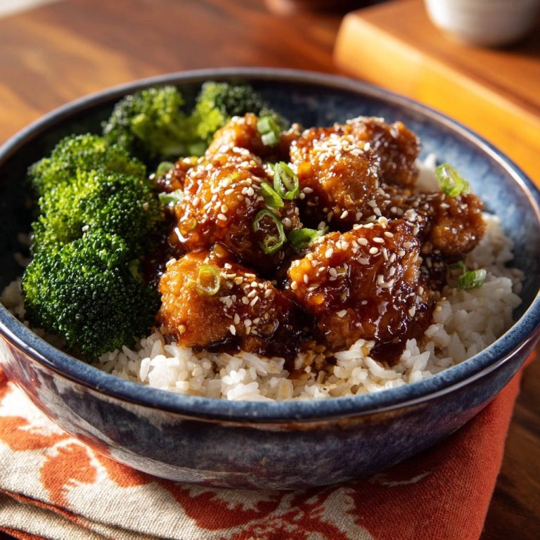 Knuspriges Sesam-Hähnchen Bowl mit Reis und Brokkoli, garniert mit Frühlingszwiebeln und Sesamsamen.