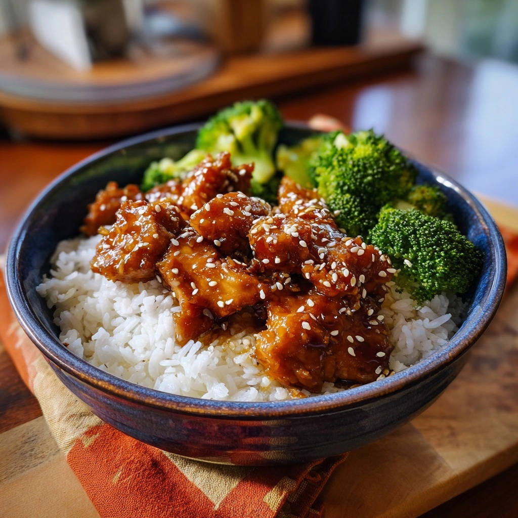 Knuspriges Sesam-Hähnchen Bowl mit Reis und Brokkoli, Nahaufnahme mit Fokus auf die glänzende Glasur und Sesamkörner.