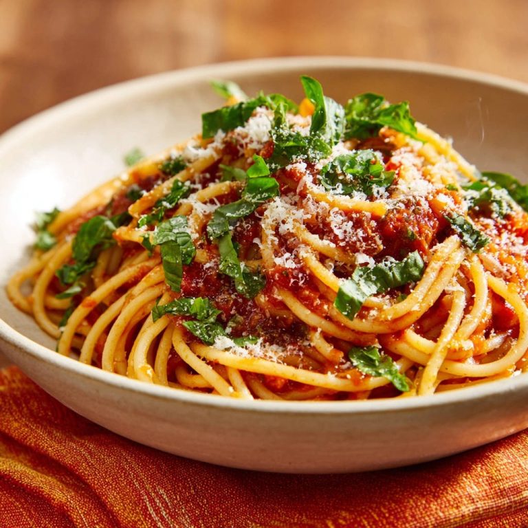 Klassische Spaghetti al Pomodoro mit frischem Basilikum und geriebenem Parmesan, nahaufnahme der garnierten Nudeln