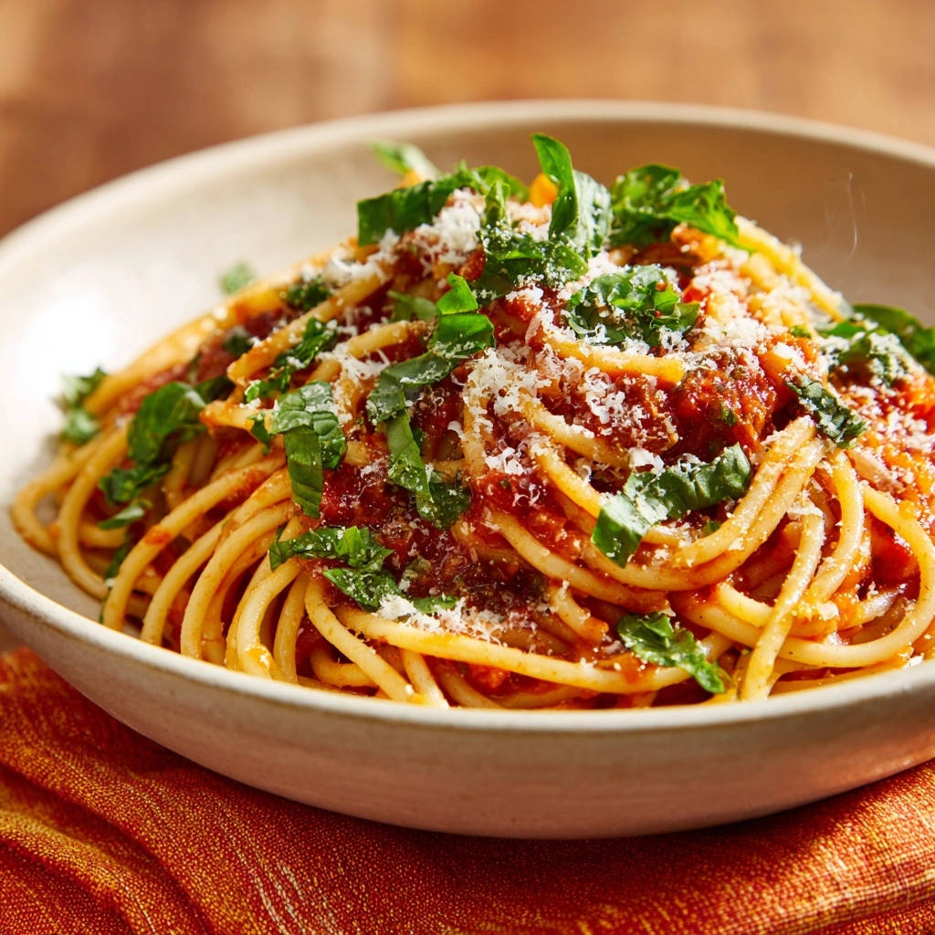 Klassische Spaghetti al Pomodoro mit frischem Basilikum und geriebenem Parmesan, nahaufnahme der garnierten Nudeln