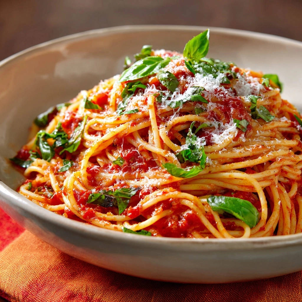 Spaghetti Al Pomodoro Nahaufnahme Mit Basilikum 1 Klassische Spaghetti al Pomodoro mit frischem Basilikum und geriebenem Parmesan, Nahaufnahme mit Fokus auf die Soßenhaftung.