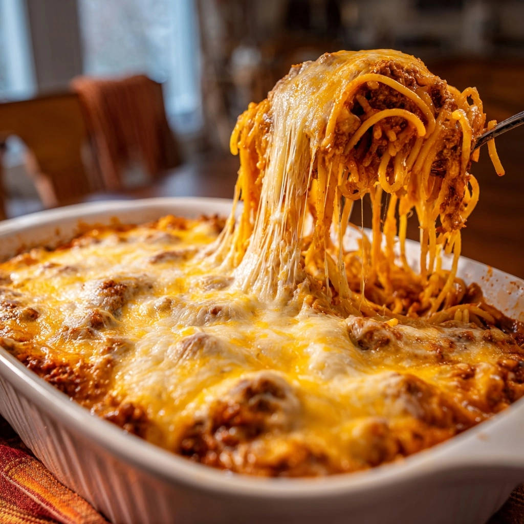Herzhafter Spaghetti-Auflauf mit zähig-geschmolzenem Käse, der von einer Gabel hochgezogen wird.