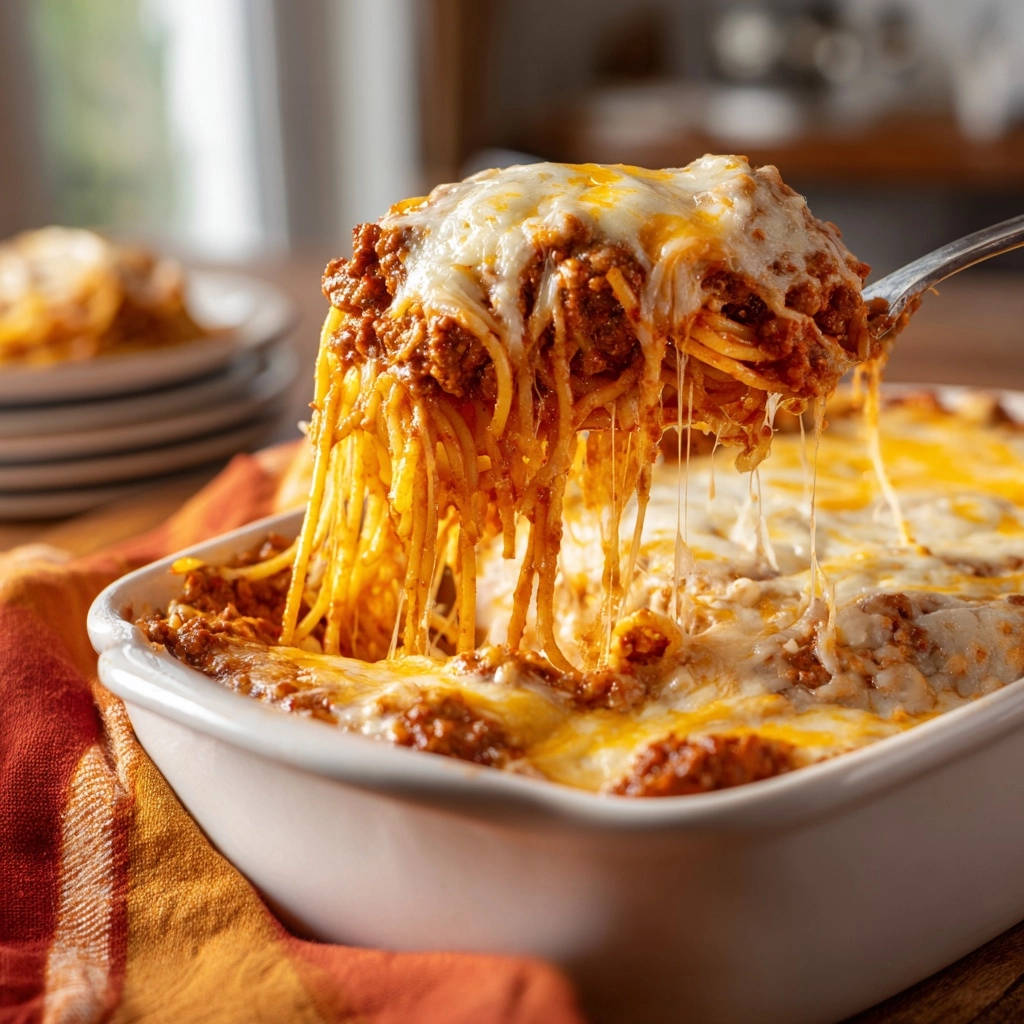 Herzhafter Spaghetti-Auflauf, bei dem der Käse beim Anheben des Löffels Fäden zieht, was die Saftigkeit unterstreicht.