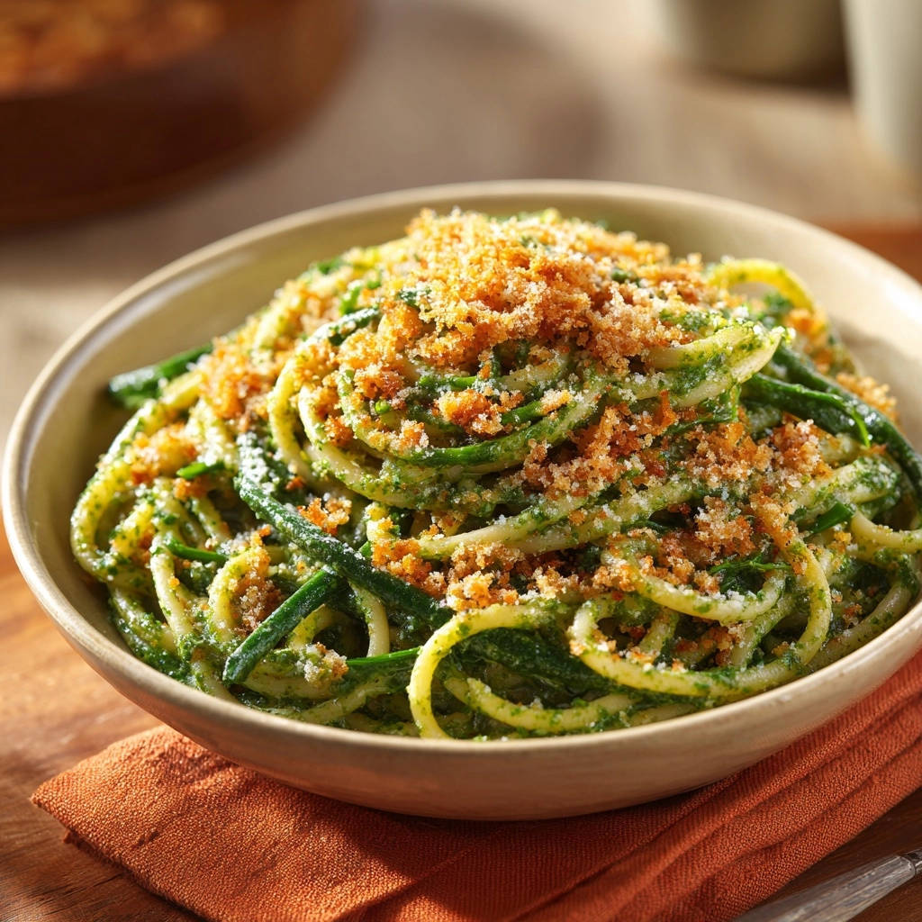 Spaghetti Gruenem Pesto Knusper Topping Detail 1 Spaghetti mit grünem Pesto und Knusper-Topping, Nahaufnahme der Nudeln mit knusprigem Brotkrümel-Topping.