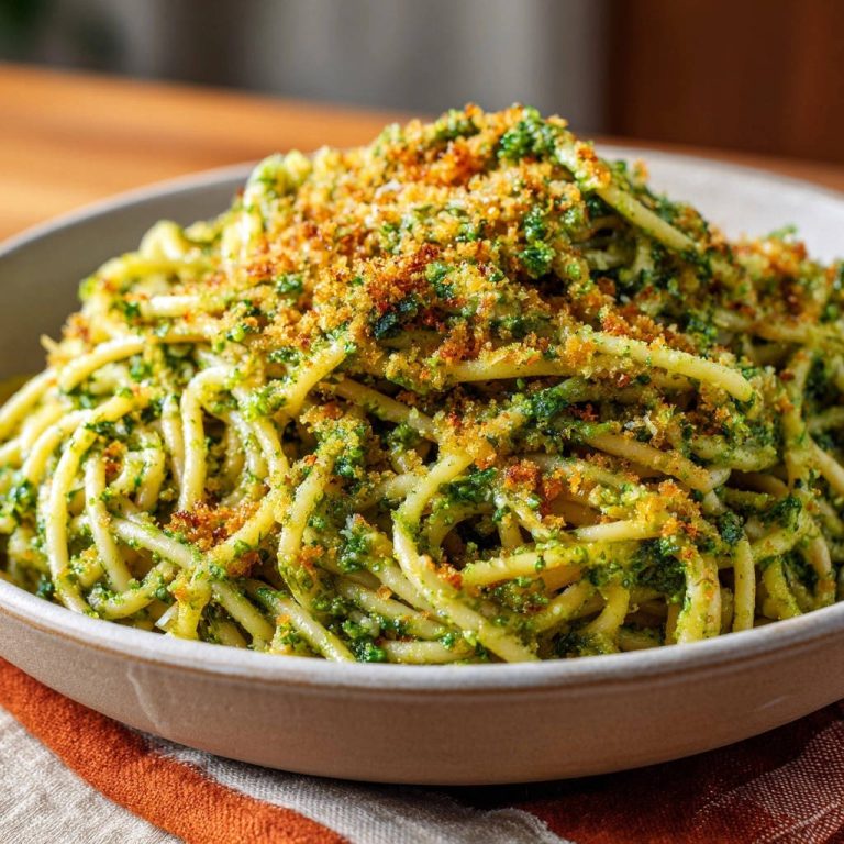 Spaghetti mit grünem Pesto und Knusper-Topping, Nahaufnahme des knusprigen Toppings auf den Nudeln