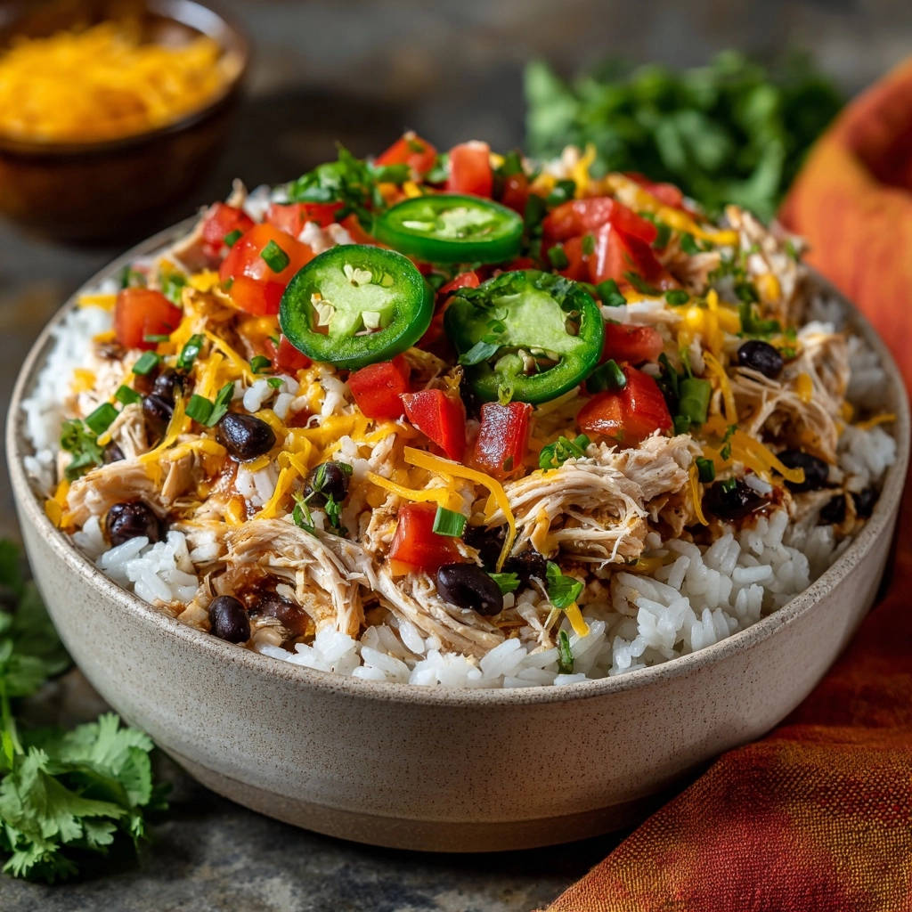 Tex Mex Haehnchen Bowl Detail 1 Saftige Tex-Mex Hähnchen Bowl mit Reis, schwarzen Bohnen, Tomaten und Jalapeños, detailreiche Nahaufnahme der Garnitur.