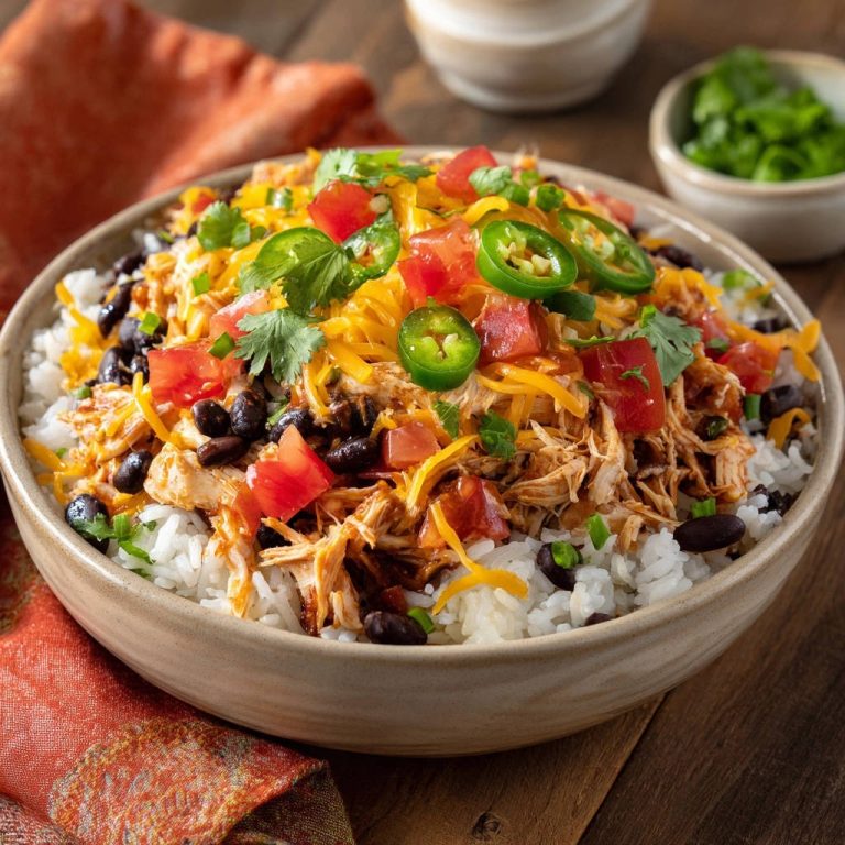 Saftige Tex-Mex Hähnchen Bowl mit schwarzen Bohnen, Tomaten und Jalapeños, garniert mit Koriander und Käse.