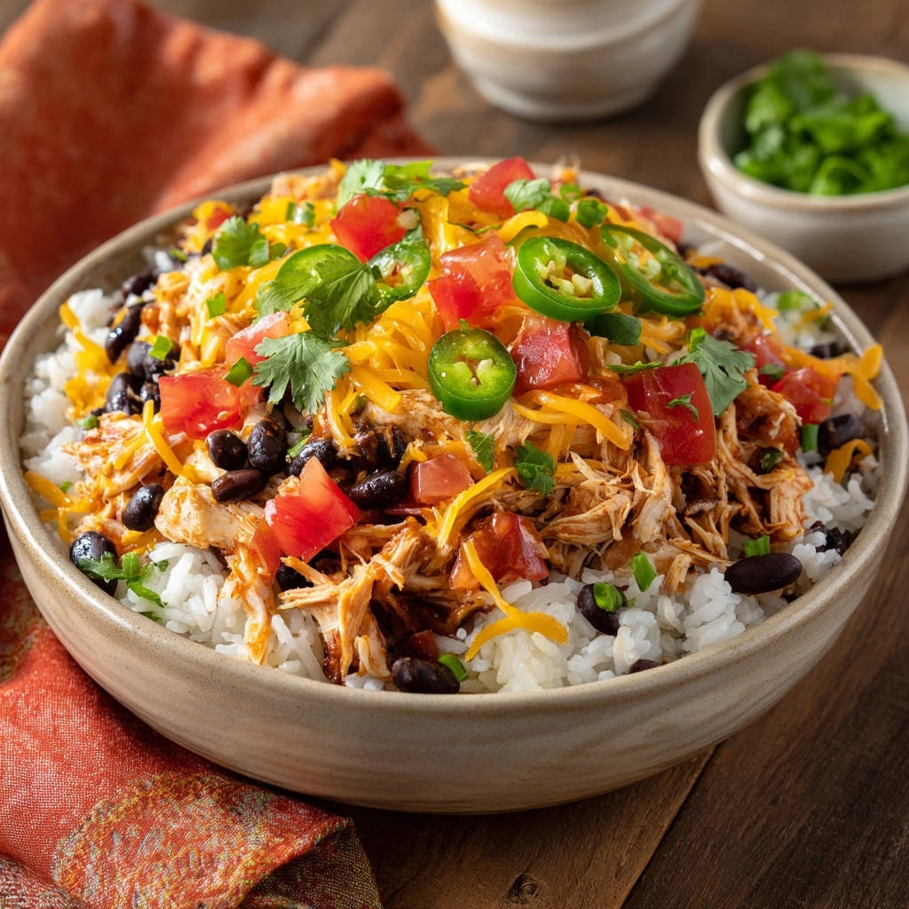 Saftige Tex-Mex Hähnchen Bowl mit schwarzen Bohnen, Tomaten und Jalapeños, garniert mit Koriander und Käse.
