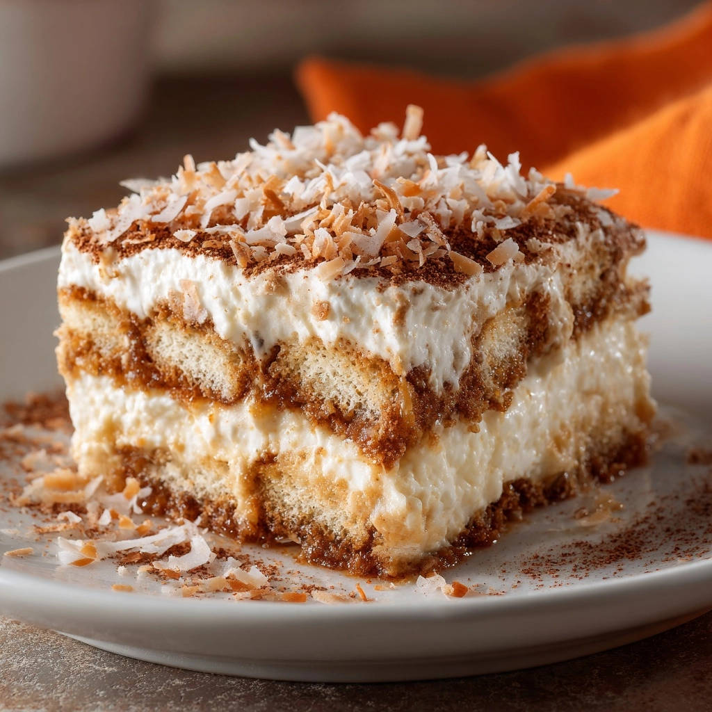 Tropisches Kokos-Schichtdessert im Nahaufnahme-Querschnitt, das die saftigen Schichten aus Kuchen und Creme zeigt.