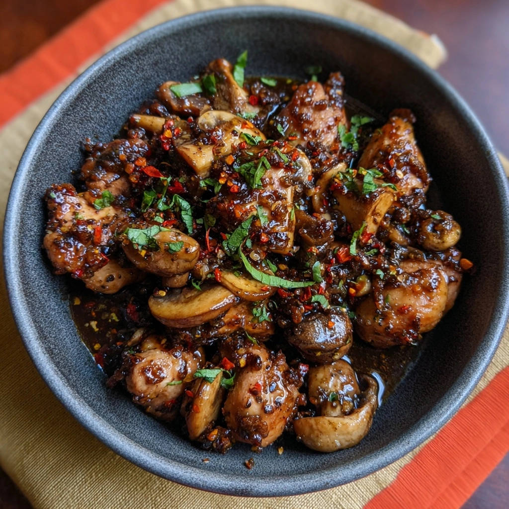 Wuerzige Haehnchen Pilzpfanne Detail Garnitur 1 Würzige Hähnchen-Pilzpfanne mit Pilzen und Hähnchenstücken, garniert mit frischen Kräutern und Chili-Flocken.