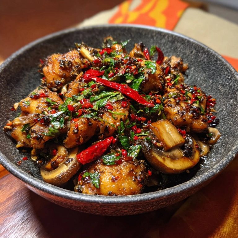 Würzige Hähnchen-Pilzpfanne mit getrockneten Chilis und frischer Petersilie, nahaufnahme der Textur.
