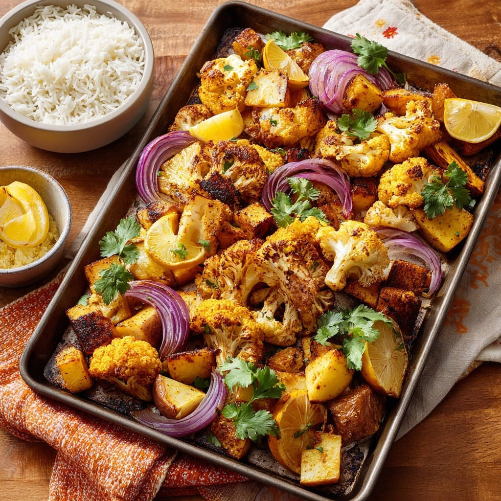 Würziger Tofu und Blumenkohl vom Blech, garniert mit frischem Koriander und Zitronenspalten.