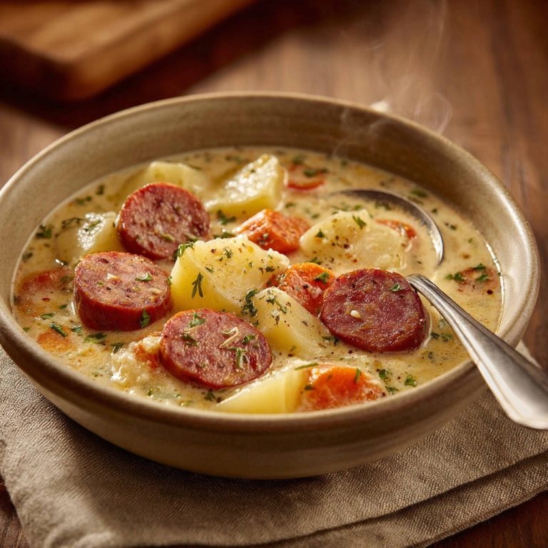 Herzhafter Wurst-Kartoffel-Eintopf als Detailaufnahme mit dampfender, cremiger Brühe und sichtbaren Würsten und Kartoffeln.