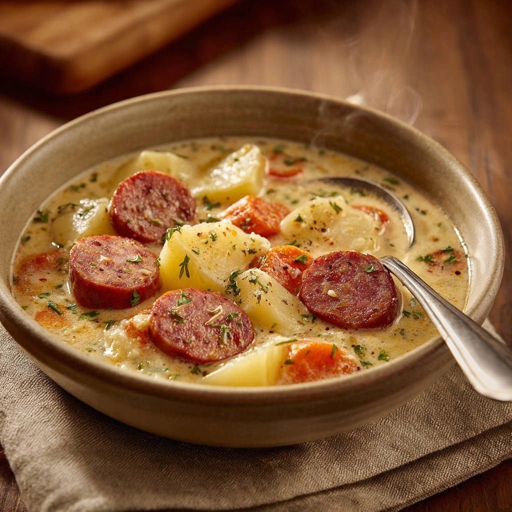Herzhafter Wurst-Kartoffel-Eintopf als Detailaufnahme mit dampfender, cremiger Brühe und sichtbaren Würsten und Kartoffeln.