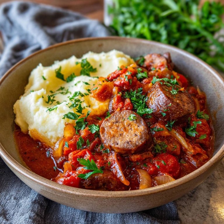 Herzhaftes Wurstgulasch mit cremigem Kartoffelbrei auf einem Teller nah aufgenommen, garniert mit Petersilie.