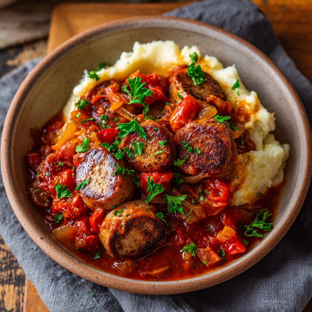 Herzhaftes Wurstgulasch mit cremigem Kartoffelbrei als Nahaufnahme im Teller serviert mit frischer Petersilie garniert.