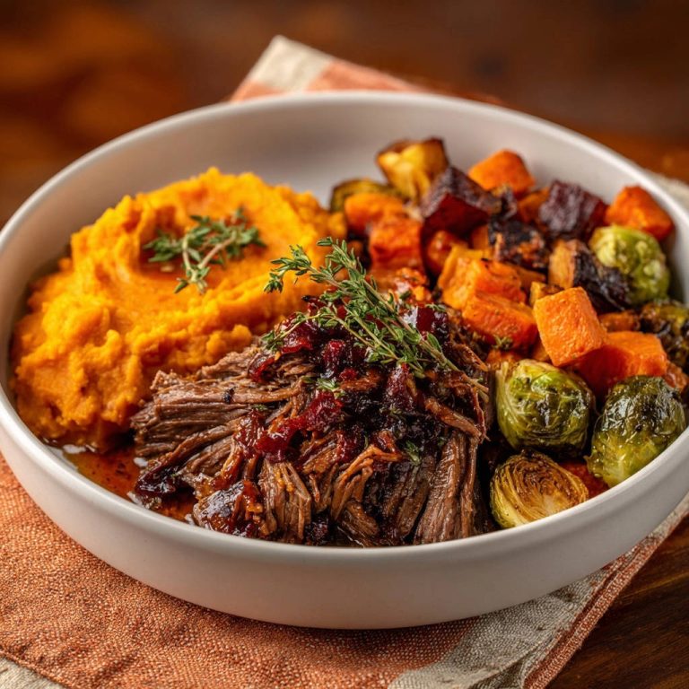Zarter Rinderschmorbraten mit Wintergemüse, serviert mit cremigem Süßkartoffelpüree und garniert mit frischen Kräutern und Cranberries.