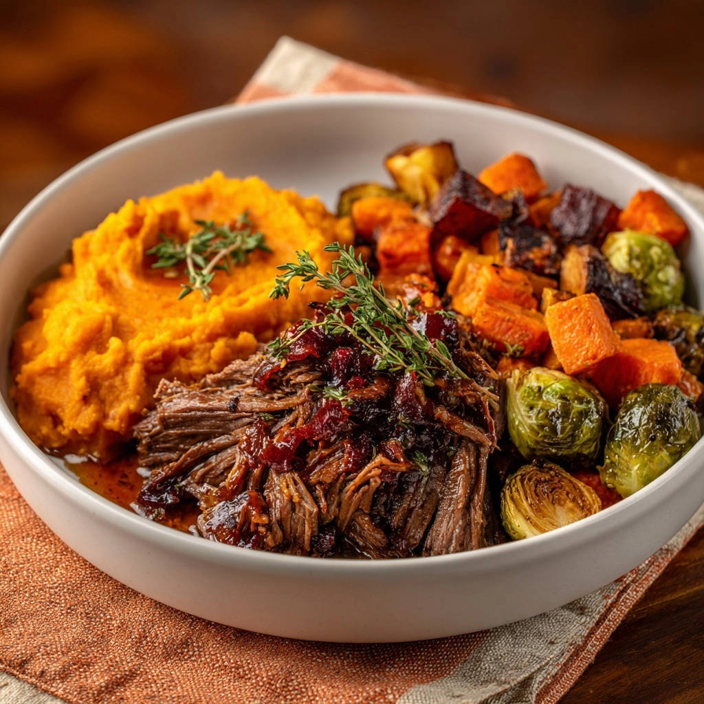 Zarter Rinderschmorbraten mit Wintergemüse, serviert mit cremigem Süßkartoffelpüree und garniert mit frischen Kräutern und Cranberries.