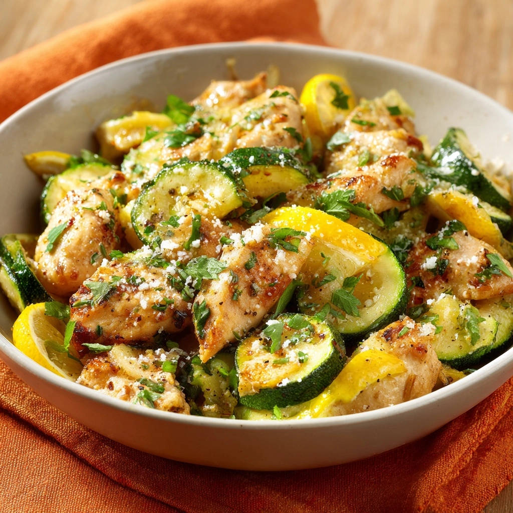 Zitronen Haehnchenpfanne Mit Zucchini Nahaufnahme 1 Zitronen-Hähnchenpfanne mit Zucchini, nahaufnahme der gebratenen Hähnchenstücke und Zucchinischeiben mit Kräutern und Parmesan.