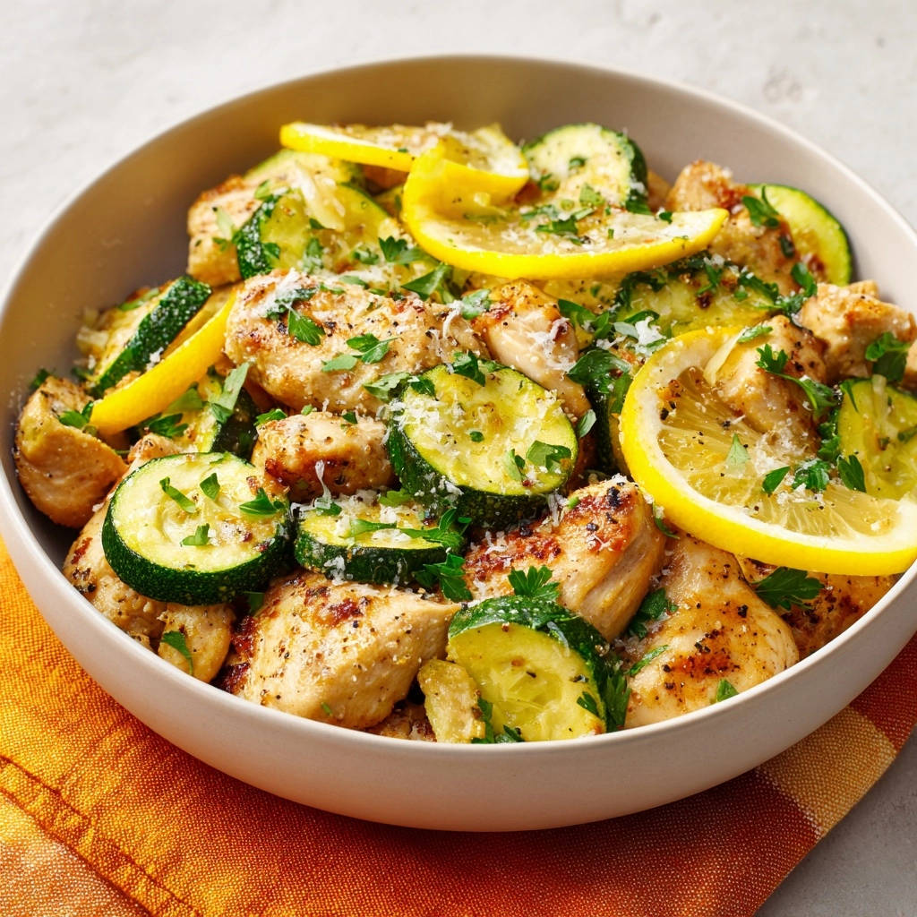 Zitronen-Hähnchenpfanne mit Zucchini, nahaufnahme mit Zitronenscheiben und frischer Petersilie garniert serviert in einer Schüssel.