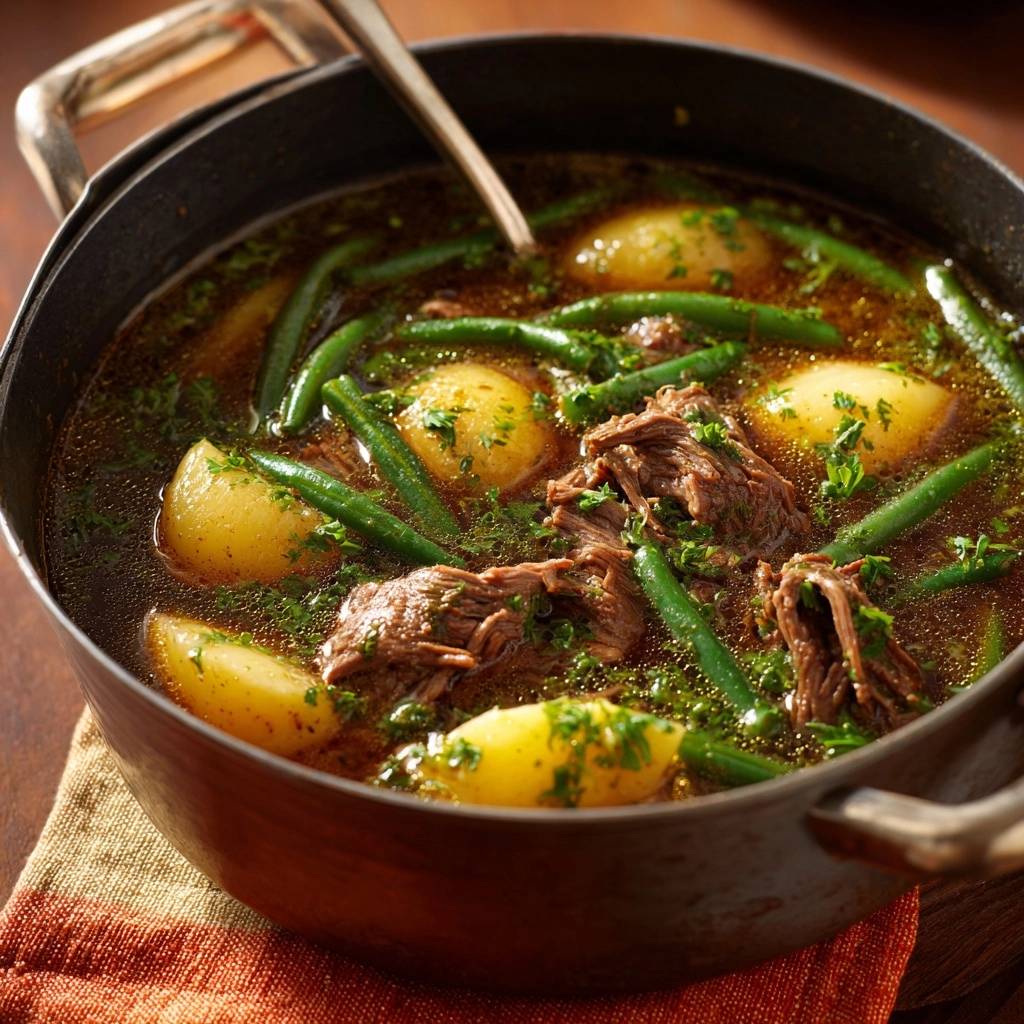 Rustikaler Rindfleisch-Eintopf mit Kartoffeln und Bohnen