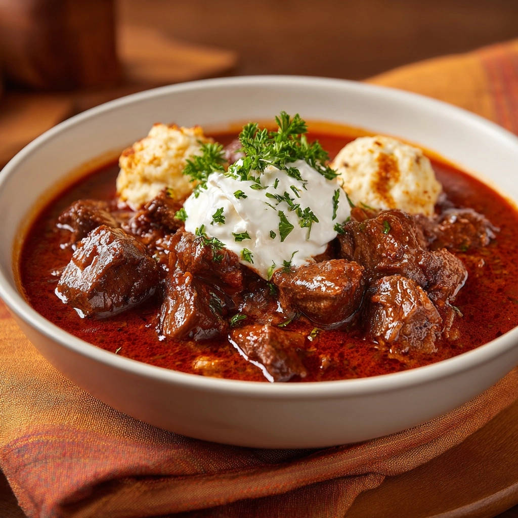 Deftiges Rindergulasch mit luftigen Nockerln