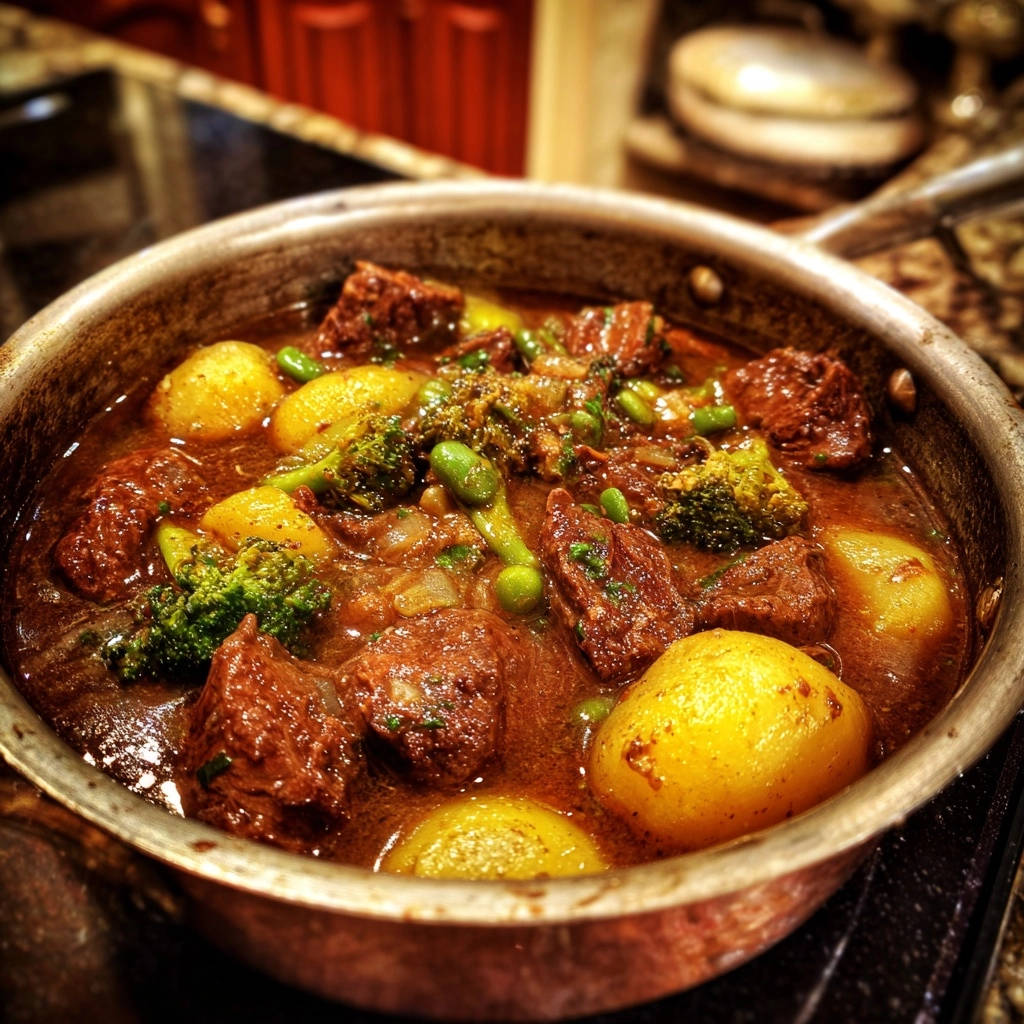 Herzhafter Rinder-Schmortopf mit Kartoffeln und Brokkoli