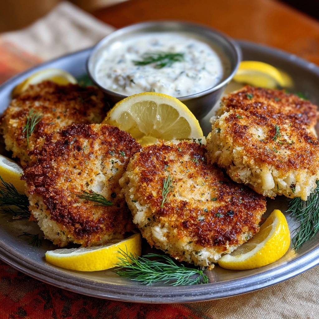 Knusprige Dill-Krabbenkuchen mit Zitronen-Dill-Dip
