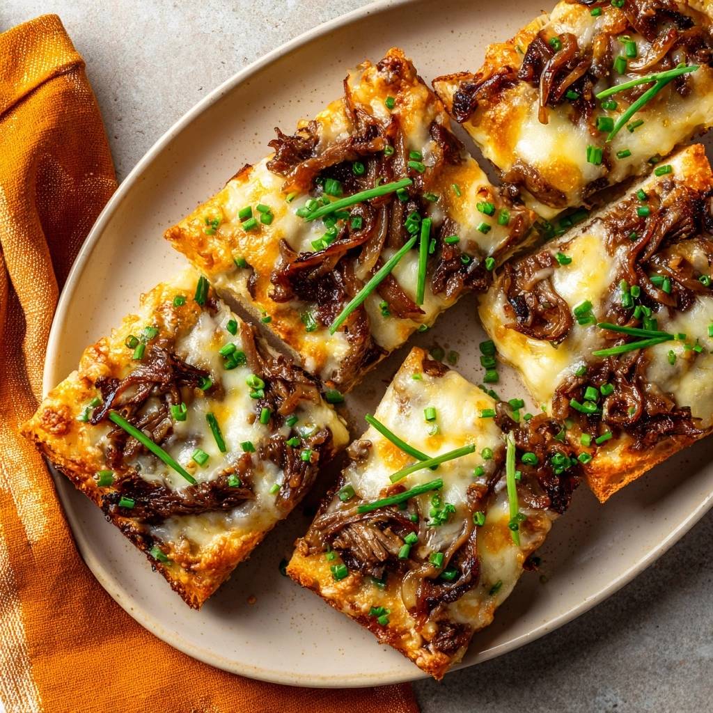 Saftiges Rindfleisch-Sandwich mit Karamellzwiebeln und Käse