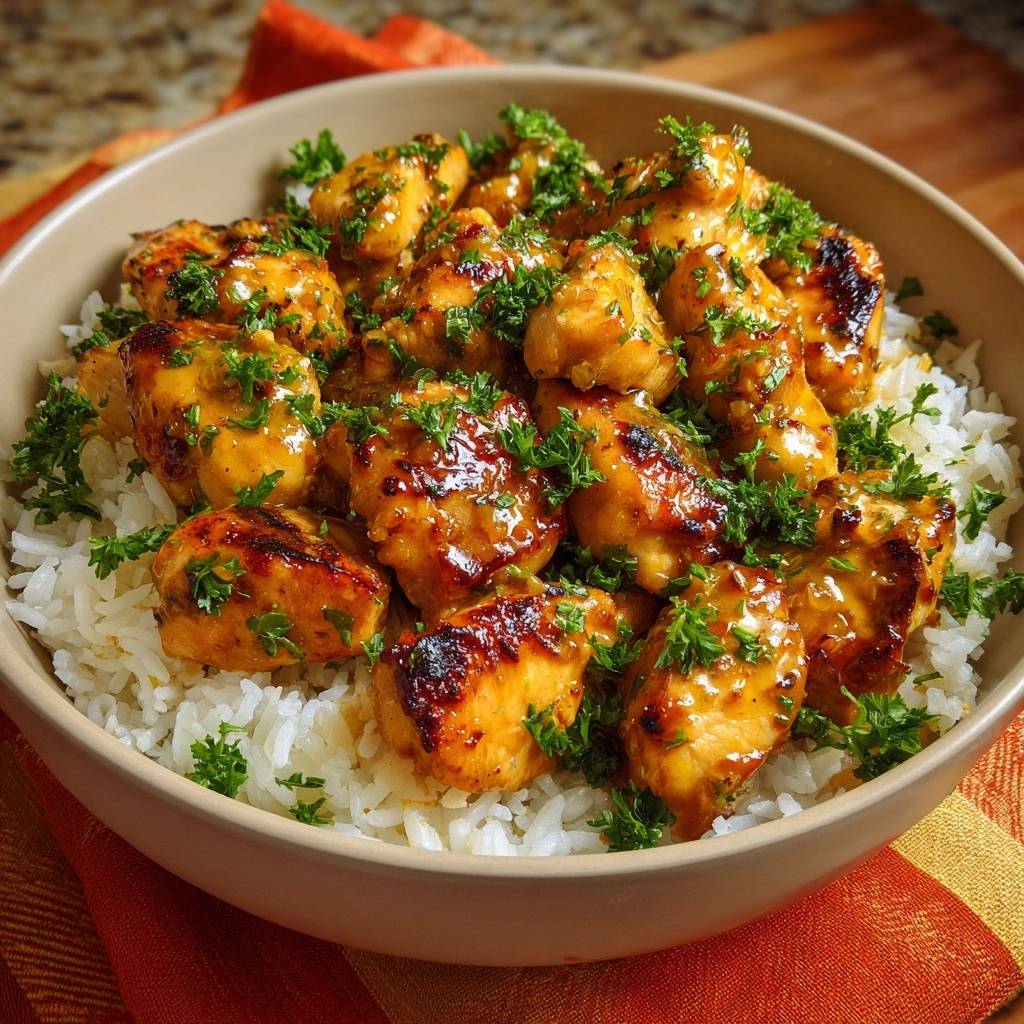 Klebriges Honig-Knoblauch-Hähnchen mit Reis