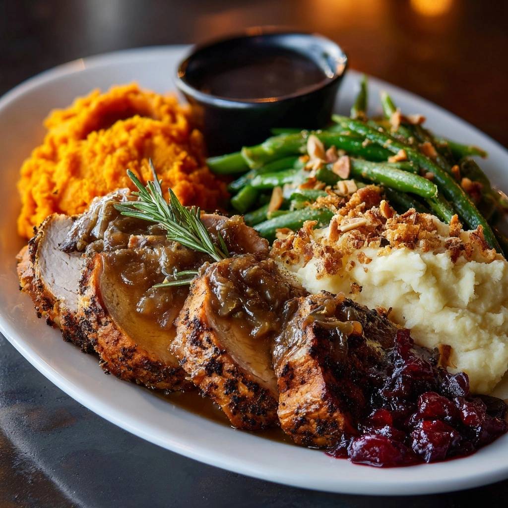 Saftige Putenbrust mit Püree, Bohnen & Preiselbeeren