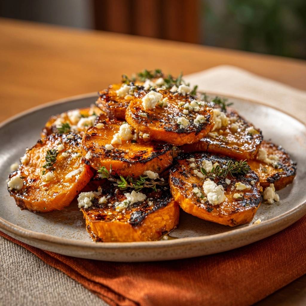 Gegrillte Süßkartoffelscheiben mit Blauschimmelkäse und Thymian