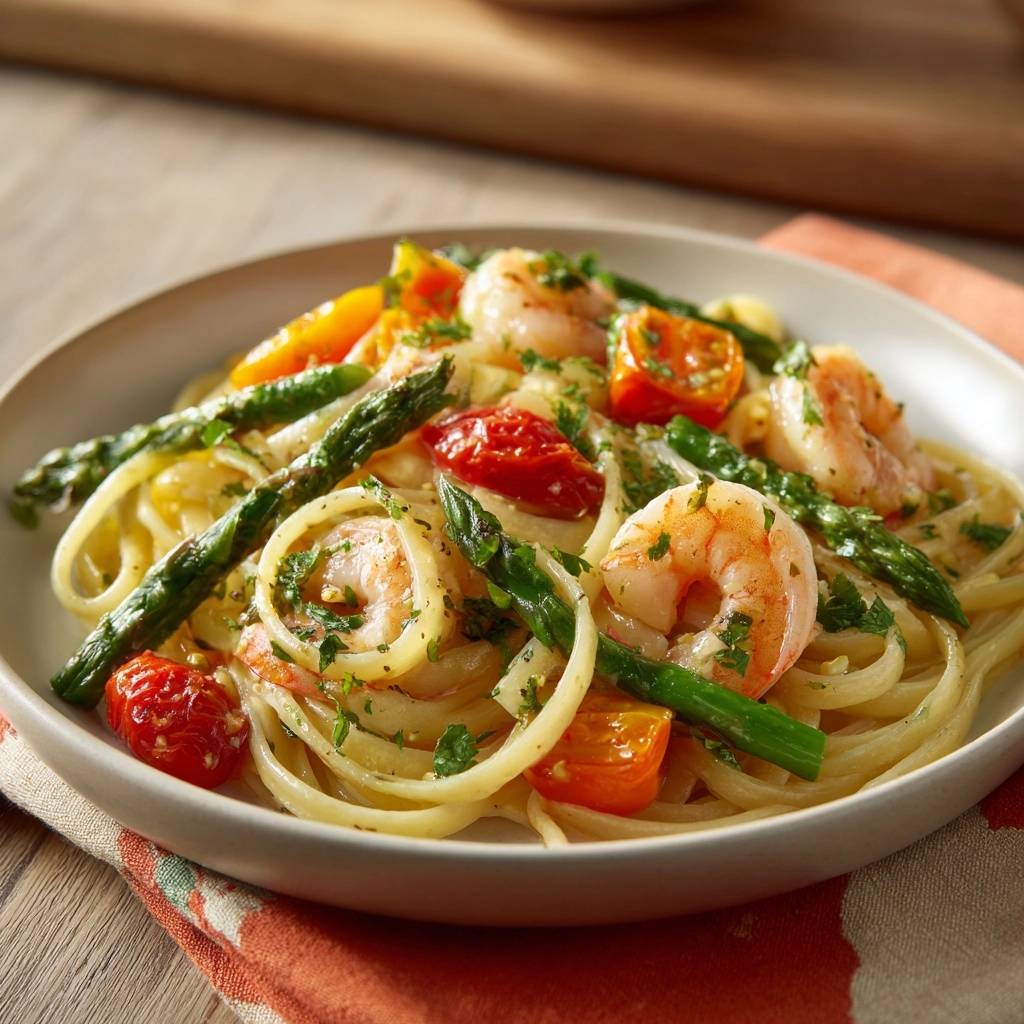 Saftige Garnelen-Spargel-Pasta