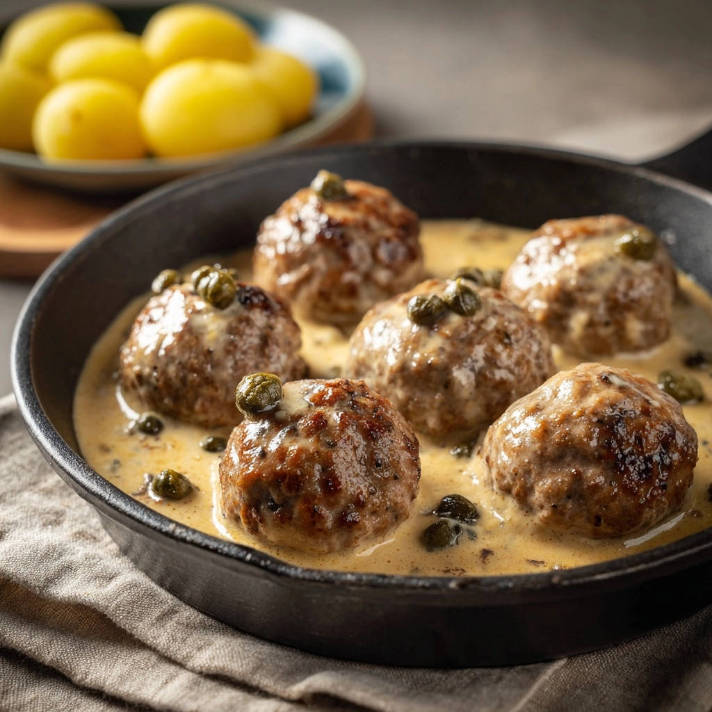 Zarte Klopse in cremiger Kapernsoße