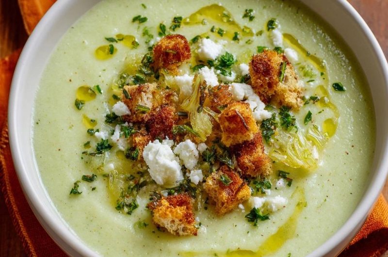 Cremige Fenchelsuppe mit Feta und Croutons