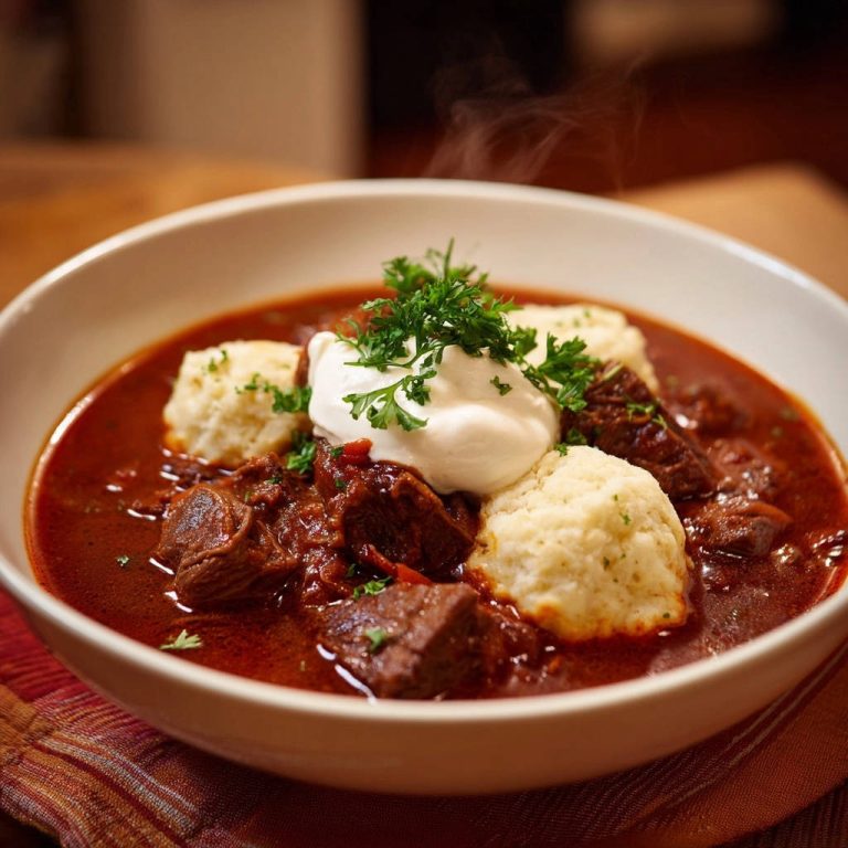 Deftiges Rindergulasch mit luftigen Nockerln: Butterzartes Fleisch