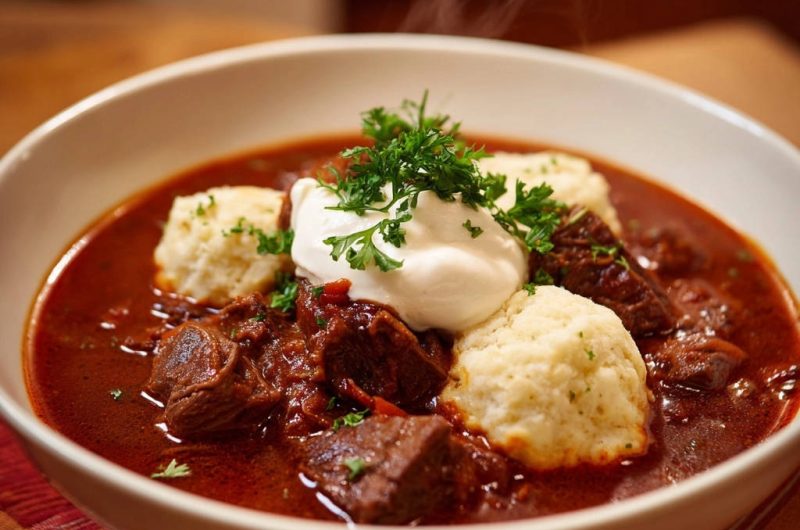 Deftiges Rindergulasch mit luftigen Nockerln