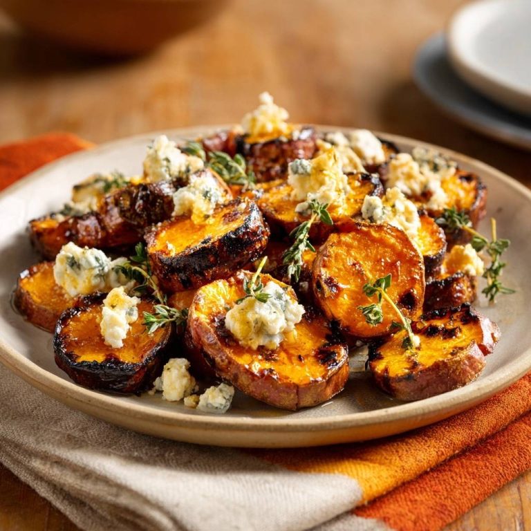 Gegrillte Süßkartoffelscheiben mit Blauschimmelkäse und Thymian